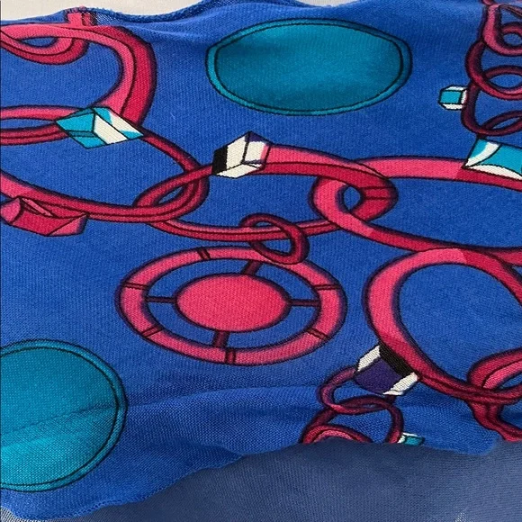 SCARF Blue Sheer Bias Cut Two Tone Blue Circles Pom Poms Ruffle Artsy Casual - Picture 9 of 12